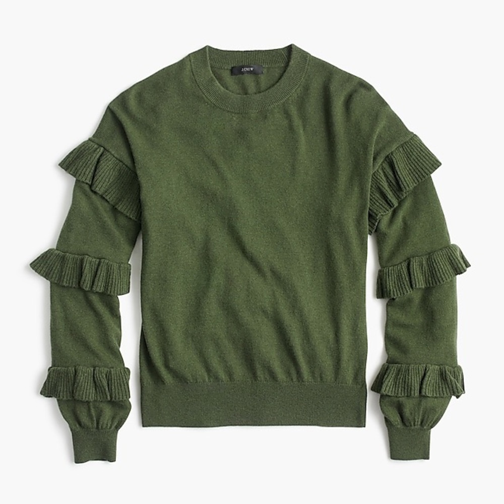 J.Crew Olive Green Ruffle Sleeve Wool Sweater